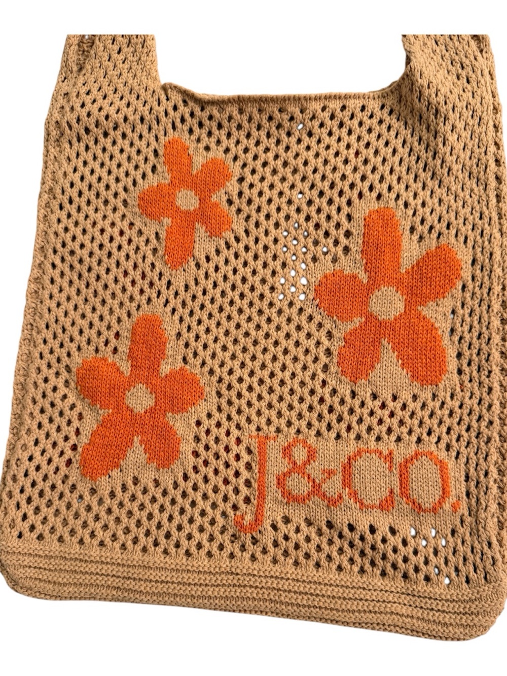 J&CO Crochet Mesh Flower Tote Bag Neutral Orange Knit Shoulder Bag